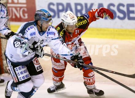 EBEL. Eishockey Bundesliga. KAC gegen EHC LIWEST Linz. Manuel Geier,  (KAC), Brad Moran (Linz). Klagenfurt, am 25.9.2014.
Foto: Kuess 

---
pressefotos, pressefotografie, kuess, qs, qspictures, sport, bild, bilder, bilddatenbank