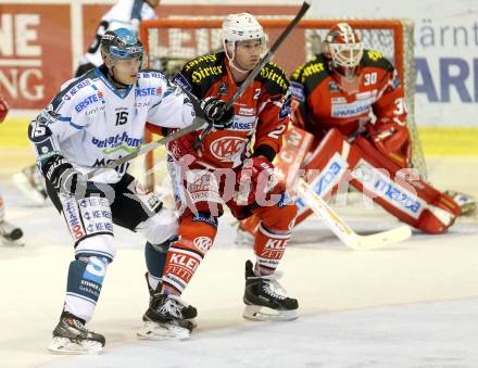 EBEL. Eishockey Bundesliga. KAC gegen EHC LIWEST Linz. Kyle Wharton, Rene Swette,  (KAC), Matthias Iberer (Linz). Klagenfurt, am 25.9.2014.
Foto: Kuess 

---
pressefotos, pressefotografie, kuess, qs, qspictures, sport, bild, bilder, bilddatenbank