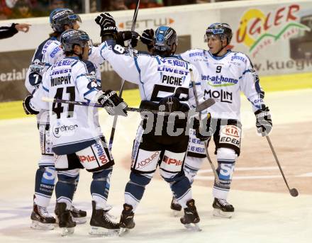 EBEL. Eishockey Bundesliga. KAC gegen EHC LIWEST Linz.  Torjubel (Linz). Klagenfurt, am 25.9.2014.
Foto: Kuess 

---
pressefotos, pressefotografie, kuess, qs, qspictures, sport, bild, bilder, bilddatenbank