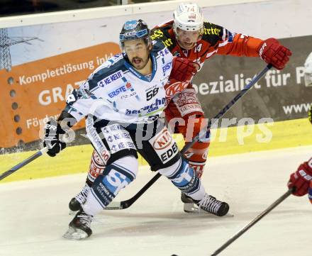 EBEL. Eishockey Bundesliga. KAC gegen EHC LIWEST Linz. Jamie Lundmark,  (KAC), Sebastien Piche (Linz). Klagenfurt, am 25.9.2014.
Foto: Kuess 

---
pressefotos, pressefotografie, kuess, qs, qspictures, sport, bild, bilder, bilddatenbank