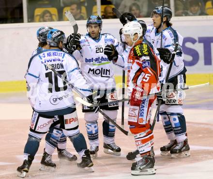 EBEL. Eishockey Bundesliga. KAC gegen EHC LIWEST Linz.  Torjubel Brad Moran, Brian Lebler, Jason Ulmer, Marc Andre Dorion (Linz). Klagenfurt, am 25.9.2014.
Foto: Kuess 

---
pressefotos, pressefotografie, kuess, qs, qspictures, sport, bild, bilder, bilddatenbank