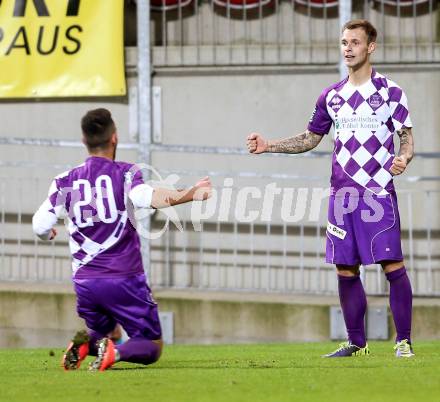 Fussball Regionalliga. SK Austria Klagenfurt gegen Voecklamarkt. Torjubel Rajko Rep, Milan Sapardic (Austria Klagenfurt). Klagenfurt, 26.9.2014.
Foto: Kuess
---
pressefotos, pressefotografie, kuess, qs, qspictures, sport, bild, bilder, bilddatenbank