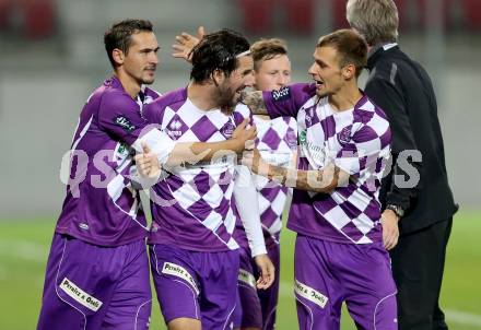 Fussball Regionalliga. SK Austria Klagenfurt gegen Voecklamarkt. Torjubel Manuel wallner, Sandro Zakany, Rajko Rep (Austria Klagenfurt). Klagenfurt, 26.9.2014.
Foto: Kuess
---
pressefotos, pressefotografie, kuess, qs, qspictures, sport, bild, bilder, bilddatenbank