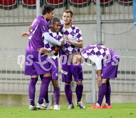 Fussball Regionalliga. SK Austria Klagenfurt gegen Voecklamarkt. Torjubel Rajko Rep, Milan Sapardic, Marko Dusak, Tyrone Marcel Mc Cargo (Austria Klagenfurt). Klagenfurt, 26.9.2014.
Foto: Kuess
---
pressefotos, pressefotografie, kuess, qs, qspictures, sport, bild, bilder, bilddatenbank