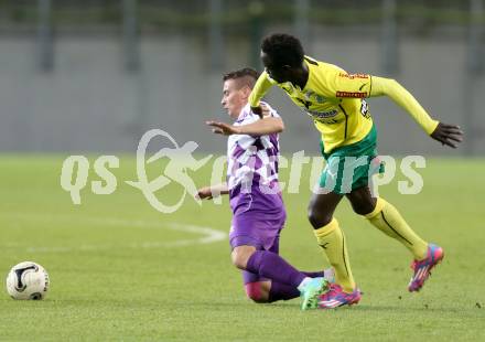 Fussball Regionalliga. SK Austria Klagenfurt gegen Voecklamarkt. Vefran Vinko, (Austria Klagenfurt), Landing Goudiaby (Voecklamarkt). Klagenfurt, 26.9.2014.
Foto: Kuess
---
pressefotos, pressefotografie, kuess, qs, qspictures, sport, bild, bilder, bilddatenbank