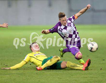 Fussball Regionalliga. SK Austria Klagenfurt gegen Voecklamarkt. Fabian Miesenboeck, (Austria Klagenfurt), Fabian Schnabel  (Voecklamarkt). Klagenfurt, 26.9.2014.
Foto: Kuess
---
pressefotos, pressefotografie, kuess, qs, qspictures, sport, bild, bilder, bilddatenbank