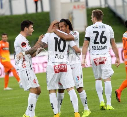 Fussball Bundesliga. RZ Pellets WAC gegen FC Admira Wacker Moedling. Torjubel Peter Zulj, Roland Putsche, Stephan Palla (WAC). Klagenfurt, am 27.9.2014.
Foto: Kuess

---
pressefotos, pressefotografie, kuess, qs, qspictures, sport, bild, bilder, bilddatenbank