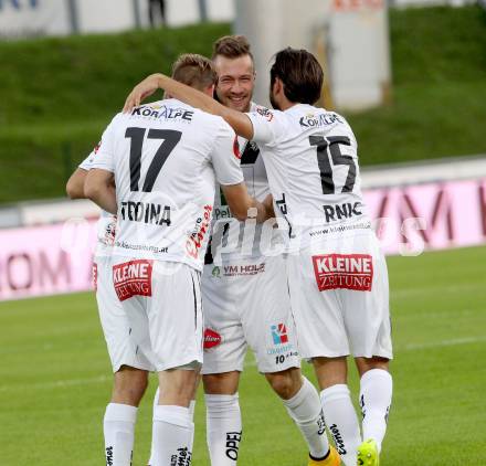 Fussball Bundesliga. RZ Pellets WAC gegen FC Admira Wacker Moedling. Torjubel Peter Zulj, Nemanja Rnic, Tadej Trdina (WAC). Klagenfurt, am 27.9.2014.
Foto: Kuess

---
pressefotos, pressefotografie, kuess, qs, qspictures, sport, bild, bilder, bilddatenbank