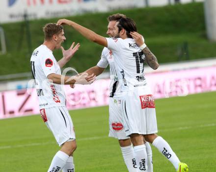 Fussball Bundesliga. RZ Pellets WAC gegen FC Admira Wacker Moedling. Torjubel Peter Zulj, Nemanja Rnic, Tadej Trdina (WAC). Klagenfurt, am 27.9.2014.
Foto: Kuess

---
pressefotos, pressefotografie, kuess, qs, qspictures, sport, bild, bilder, bilddatenbank