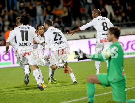 Fussball Bundesliga. RZ Pellets WAC gegen FC Admira Wacker Moedling. Torjubel Joachim Standfest, Stephan Palla, Jacobo Ynclan Pajares (WAC). Klagenfurt, am 27.9.2014.
Foto: Kuess

---
pressefotos, pressefotografie, kuess, qs, qspictures, sport, bild, bilder, bilddatenbank