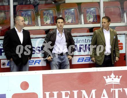 EBEL. Eishockey Bundesliga. KAC gegen Moser Medical Graz 99ers.  Alexander Mellitzer, Ryan Foster, Jarmo Myllys (KAC). Klagenfurt, am 28.9.2014.
Foto: Kuess 

---
pressefotos, pressefotografie, kuess, qs, qspictures, sport, bild, bilder, bilddatenbank