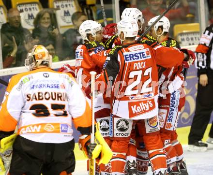 EBEL. Eishockey Bundesliga. KAC gegen Moser Medical Graz 99ers. torjubel (KAC). Klagenfurt, am 28.9.2014. 
Foto: Kuess

---
pressefotos, pressefotografie, kuess, qs, qspictures, sport, bild, bilder, bilddatenbank