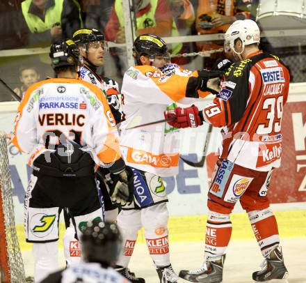 EBEL. Eishockey Bundesliga. KAC gegen Moser Medical Graz 99ers. Jean Francois Jaques,  (KAC), Clemens Unterweger (Graz). Klagenfurt, am 28.9.2014.
Foto: Kuess 

---
pressefotos, pressefotografie, kuess, qs, qspictures, sport, bild, bilder, bilddatenbank