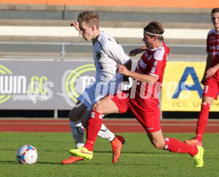 Fussball Regionalliga. RZ Pelets WAC Amateure gegen Vorwaerts Steyr.  Raphael Jaeger, (WAC),  Thomas Krammer (Steyr). Wolfsberg, am 28.9.2014.
Foto: Kuess
---
pressefotos, pressefotografie, kuess, qs, qspictures, sport, bild, bilder, bilddatenbank