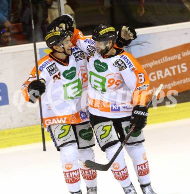 EBEL. Eishockey Bundesliga. KAC gegen Moser Medical Graz 99ers. Torjubel Marek Zagrapan, Clemens Unterweger (Graz). Klagenfurt, am 28.9.2014.
Foto: Kuess 

---
pressefotos, pressefotografie, kuess, qs, qspictures, sport, bild, bilder, bilddatenbank