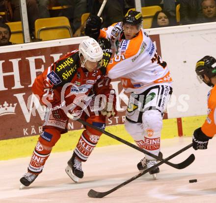 EBEL. Eishockey Bundesliga. KAC gegen Moser Medical Graz 99ers. Thomas Hundertpfund,  (KAC), Jake Marto, (Graz). Klagenfurt, am 28.9.2014.
Foto: Kuess 

---
pressefotos, pressefotografie, kuess, qs, qspictures, sport, bild, bilder, bilddatenbank