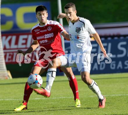 Fussball Regionalliga. RZ Pelets WAC Amateure gegen Vorwaerts Steyr.  Bastian Rupp, (WAC), Daniel Petrovic  (Steyr). Wolfsberg, am 28.9.2014.
Foto: Kuess
---
pressefotos, pressefotografie, kuess, qs, qspictures, sport, bild, bilder, bilddatenbank