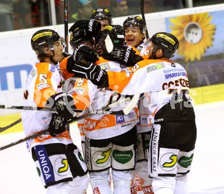 EBEL. Eishockey Bundesliga. KAC gegen Moser Medical Graz 99ers.  Torjubel  (Graz). Klagenfurt, am 28.9.2014.
Foto: Kuess 

---
pressefotos, pressefotografie, kuess, qs, qspictures, sport, bild, bilder, bilddatenbank