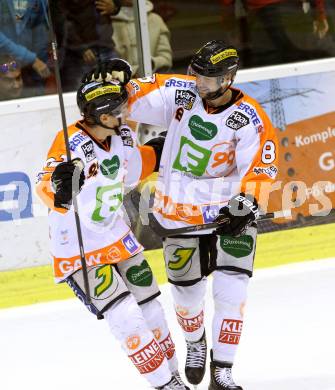 EBEL. Eishockey Bundesliga. KAC gegen Moser Medical Graz 99ers. Torjubel Marek Zagrapan, Clemens Unterweger (Graz). Klagenfurt, am 28.9.2014.
Foto: Kuess 

---
pressefotos, pressefotografie, kuess, qs, qspictures, sport, bild, bilder, bilddatenbank