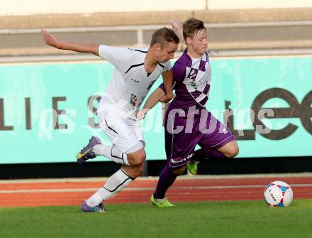 Fussball Regionalliga. RZ Pellets WAC Amateure gegen SK Austria Klagenfurt. Michael Berger,  (WAC), Fabian Misenboeck (Austria Klagenfurt). Wolfsberg, am 5.10.2014.
Foto: Kuess
---
pressefotos, pressefotografie, kuess, qs, qspictures, sport, bild, bilder, bilddatenbank