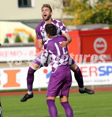 Fussball Regionalliga. RZ Pellets WAC Amateure gegen SK Austria Klagenfurt. Torjubel Armend Spreco, Marko Dusak (Austria Klagenfurt). Wolfsberg, am 5.10.2014.
Foto: Kuess
---
pressefotos, pressefotografie, kuess, qs, qspictures, sport, bild, bilder, bilddatenbank