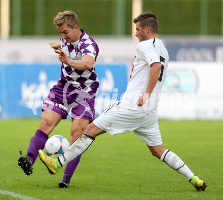 Fussball Regionalliga. RZ Pellets WAC Amateure gegen SK Austria Klagenfurt. Stefan Schwendinger, (WAC), Peter Pucker  (Austria Klagenfurt). Wolfsberg, am 5.10.2014.
Foto: Kuess
---
pressefotos, pressefotografie, kuess, qs, qspictures, sport, bild, bilder, bilddatenbank