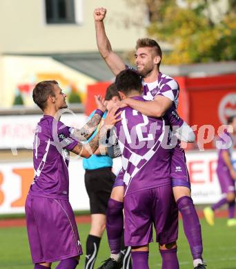 Fussball Regionalliga. RZ Pellets WAC Amateure gegen SK Austria Klagenfurt. Torjubel Armend Spreco, Marko Dusak, Rajko Rep (Austria Klagenfurt). Wolfsberg, am 5.10.2014.
Foto: Kuess
---
pressefotos, pressefotografie, kuess, qs, qspictures, sport, bild, bilder, bilddatenbank