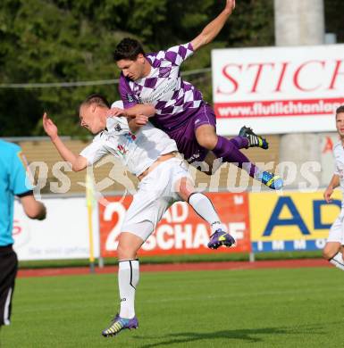 Fussball Regionalliga. RZ Pellets WAC Amateure gegen SK Austria Klagenfurt. Daniel Drescher, (WAC), Bernd Kager  (Austria Klagenfurt). Wolfsberg, am 5.10.2014.
Foto: Kuess
---
pressefotos, pressefotografie, kuess, qs, qspictures, sport, bild, bilder, bilddatenbank