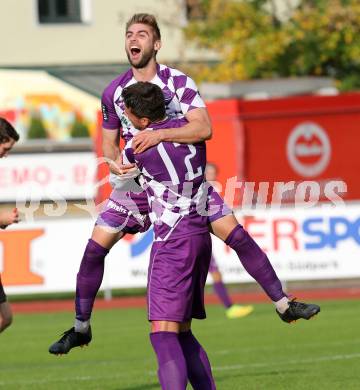 Fussball Regionalliga. RZ Pellets WAC Amateure gegen SK Austria Klagenfurt. Torjubel Armend Spreco, Marko Dusak (Austria Klagenfurt). Wolfsberg, am 5.10.2014.
Foto: Kuess
---
pressefotos, pressefotografie, kuess, qs, qspictures, sport, bild, bilder, bilddatenbank