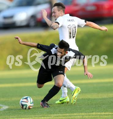 Fussball. 1. Klasse B2. Fuernitz gegen Keutschach. Thomas Frank,  (Fuernitz), Fatih Tenekeci (Keutschach).  Fuernitz, 4.10.2014.
Foto: Kuess
---
pressefotos, pressefotografie, kuess, qs, qspictures, sport, bild, bilder, bilddatenbank