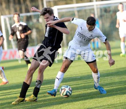 Fussball. 1. Klasse B2. Fuernitz gegen Keutschach. Christian Kanduth(Fuernitz), Florian Wallenko (Keutschach).  Fuernitz, 4.10.2014.
Foto: Kuess
---
pressefotos, pressefotografie, kuess, qs, qspictures, sport, bild, bilder, bilddatenbank