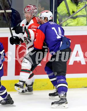 Eishockey. Champions Hockey League VSV gegen Froelunda Gothenburg. Philipp Siutz #14, (VSV), Mathis Olimb #41 (Froelunda Gothenburg). Villach, 7.10.2014.
Foto: Kuess 
---
pressefotos, pressefotografie, kuess, qs, qspictures, sport, bild, bilder, bilddatenbank