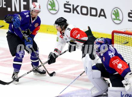 Eishockey. Champions Hockey League VSV gegen Froelunda Gothenburg. Philipp Siutz #14,  (VSV), Max Gortz #9 (Froelunda Gothenburg). Villach, 7.10.2014.
Foto: Kuess 
---
pressefotos, pressefotografie, kuess, qs, qspictures, sport, bild, bilder, bilddatenbank