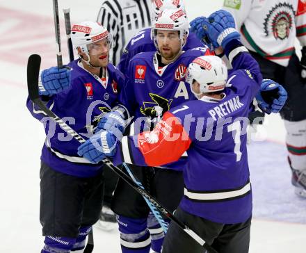 Eishockey. Champions Hockey League VSV gegen Froelunda Gothenburg. Torjubel John Lammers #13, Eric Hunter #51, Klemen Pretnar #7 (VSV). Villach, 7.10.2014.
Foto: Kuess 
---
pressefotos, pressefotografie, kuess, qs, qspictures, sport, bild, bilder, bilddatenbank