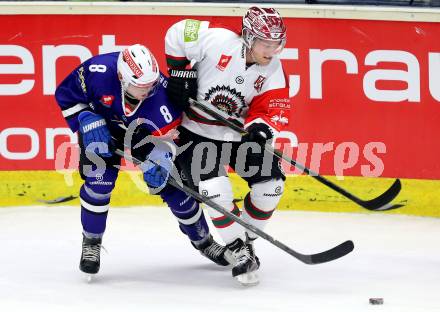 Eishockey. Champions Hockey League VSV gegen Froelunda Gothenburg. Ruslan Gelfanov #8,  (VSV), Mathis Olimb #41 (Froelunda Gothenburg). Villach, 7.10.2014.
Foto: Kuess 
---
pressefotos, pressefotografie, kuess, qs, qspictures, sport, bild, bilder, bilddatenbank