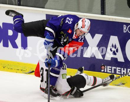 Eishockey. Champions Hockey League VSV gegen Froelunda Gothenburg. Adis Alagic #22, (VSV), Niklas Lasu #31  (Froelunda Gothenburg). Villach, 7.10.2014.
Foto: Kuess 
---
pressefotos, pressefotografie, kuess, qs, qspictures, sport, bild, bilder, bilddatenbank