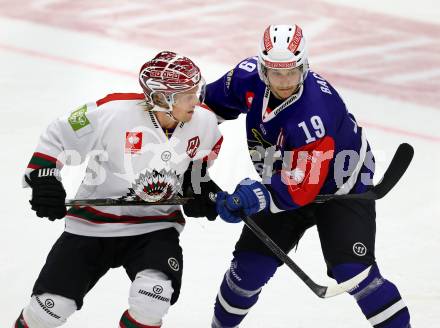 Eishockey. Champions Hockey League VSV gegen Froelunda Gothenburg. Stefan Bacher #19,  (VSV), Mathis Olimb #41 (Froelunda Gothenburg). Villach, 7.10.2014.
Foto: Kuess 
---
pressefotos, pressefotografie, kuess, qs, qspictures, sport, bild, bilder, bilddatenbank