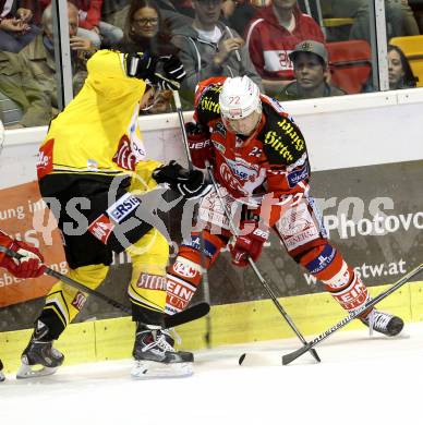 EBEL. Eishockey Bundesliga. KAC gegen UPC Vienna Capitals.  Thomas Poeck, (KAC), Mario Fischer  (Caps). Klagenfurt, am 10.10.2014.
Foto: Kuess 

---
pressefotos, pressefotografie, kuess, qs, qspictures, sport, bild, bilder, bilddatenbank