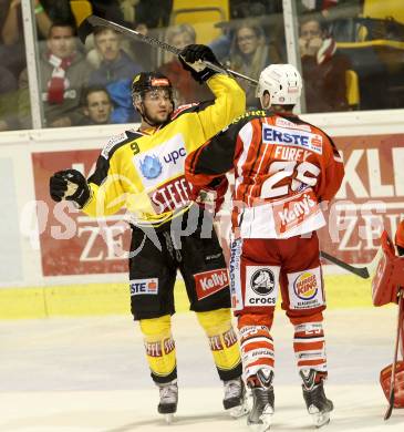 EBEL. Eishockey Bundesliga. KAC gegen UPC Vienna Capitals. Kirk Furey, (KAC), Hartl Nikolaus  (Caps). Klagenfurt, am 10.10.2014.
Foto: Kuess 

---
pressefotos, pressefotografie, kuess, qs, qspictures, sport, bild, bilder, bilddatenbank