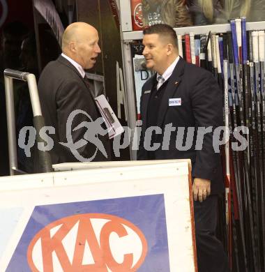 EBEL. Eishockey Bundesliga. KAC gegen UPC Vienna Capitals. Trainer Doug Mason, (KAC), Trainer Tom Pokel  (Caps). Klagenfurt, am 10.10.2014.
Foto: Kuess 

---
pressefotos, pressefotografie, kuess, qs, qspictures, sport, bild, bilder, bilddatenbank