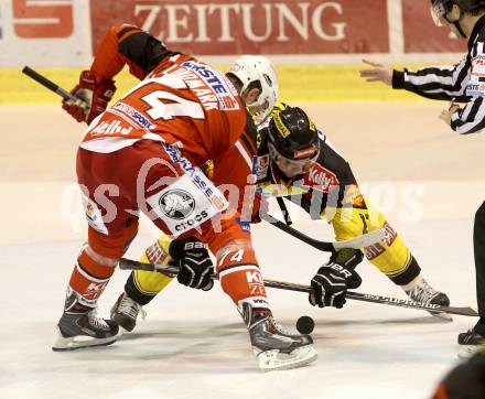 EBEL. Eishockey Bundesliga. KAC gegen UPC Vienna Capitals. Jamie Lundmark, (KAC), Michael Schiechl  (Caps). Klagenfurt, am 10.10.2014.
Foto: Kuess 

---
pressefotos, pressefotografie, kuess, qs, qspictures, sport, bild, bilder, bilddatenbank