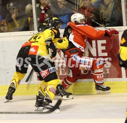 EBEL. Eishockey Bundesliga. KAC gegen UPC Vienna Capitals. Stefan Geier, (KAC), Peter MacArthur, Jamie Fraser  (Caps). Klagenfurt, am 10.10.2014.
Foto: Kuess 

---
pressefotos, pressefotografie, kuess, qs, qspictures, sport, bild, bilder, bilddatenbank