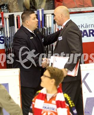 EBEL. Eishockey Bundesliga. KAC gegen UPC Vienna Capitals. Trainer Doug Mason, (KAC), Trainer Tom Pokel  (Caps). Klagenfurt, am 10.10.2014.
Foto: Kuess 

---
pressefotos, pressefotografie, kuess, qs, qspictures, sport, bild, bilder, bilddatenbank