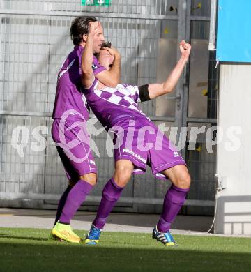 Fussball Regionalliga. SK Austria Klagenfurt gegen Vorwaerts Steyr. Torjubel Sandro Zakany, Bernd Kager (Austria Klagenfurt). Klagenfurt, 11.10.2014.
Foto: Kuess
---
pressefotos, pressefotografie, kuess, qs, qspictures, sport, bild, bilder, bilddatenbank