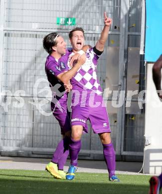 Fussball Regionalliga. SK Austria Klagenfurt gegen Vorwaerts Steyr. Torjubel Sandro Zakany, Bernd Kager (Austria Klagenfurt). Klagenfurt, 11.10.2014.
Foto: Kuess
---
pressefotos, pressefotografie, kuess, qs, qspictures, sport, bild, bilder, bilddatenbank