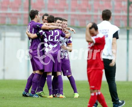 Fussball Regionalliga. SK Austria Klagenfurt gegen Vorwaerts Steyr. Torjubel (Austria Klagenfurt). Klagenfurt, 11.10.2014.
Foto: Kuess
---
pressefotos, pressefotografie, kuess, qs, qspictures, sport, bild, bilder, bilddatenbank