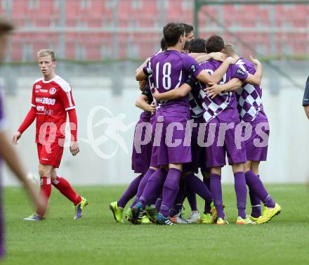 Fussball Regionalliga. SK Austria Klagenfurt gegen Vorwaerts Steyr. Torjubel (Austria Klagenfurt). Klagenfurt, 11.10.2014.
Foto: Kuess
---
pressefotos, pressefotografie, kuess, qs, qspictures, sport, bild, bilder, bilddatenbank