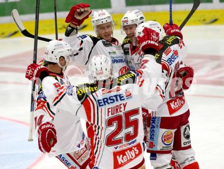 EBEL. Eishockey Bundesliga. EC VSV gegen KAC.  Torjubel Thomas Koch, Kim Stroemberg, Jamie Lundmark, Johannes Reiche, Kirk Furey (KAC). Villach, am 12.10.2014.
Foto: Kuess 


---
pressefotos, pressefotografie, kuess, qs, qspictures, sport, bild, bilder, bilddatenbank