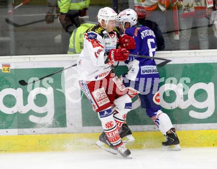 EBEL. Eishockey Bundesliga. EC VSV gegen KAC. Gerhard Unterluggauer,  (VSV), Kim Stroemberg (KAC). Villach, am 12.10.2014.
Foto: Kuess 


---
pressefotos, pressefotografie, kuess, qs, qspictures, sport, bild, bilder, bilddatenbank