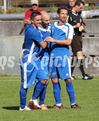 Fussball Kaerntner Liga. Annabichler SV ASV gegen Treibach. Torjubel Grega Triplat,  Stephan Mathias Stueckler, Matthias Dollinger (ASV). Klagenfurt, am 12.10.2014.
Foto: Kuess
---
pressefotos, pressefotografie, kuess, qs, qspictures, sport, bild, bilder, bilddatenbank